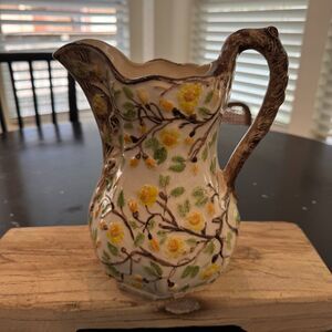 MCM Mid Century Retro Antique Floral Hand Painted Ceramic Pitcher